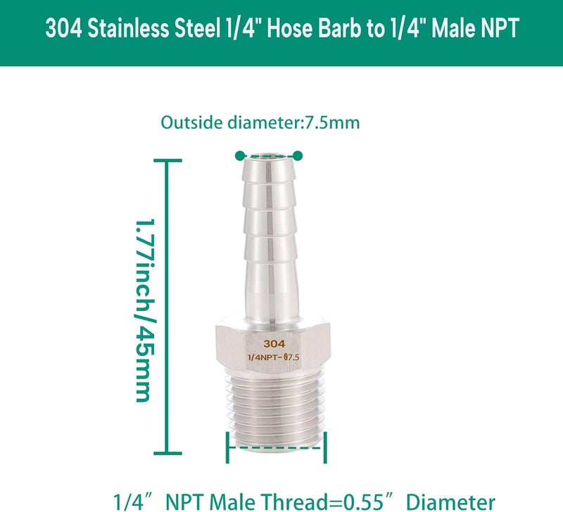 CbeeSo 304 Stainless Steel 1/4" Hose Barb to 1/4" Male NPT Home Brew Fitting Water Fuel Air，lead-free (Pack of 4)… - Image 2